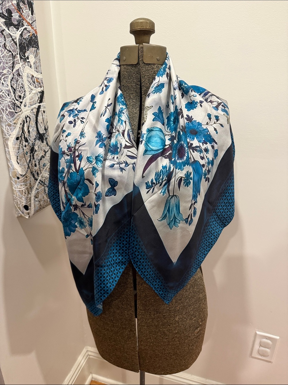 Alberta Ferretti Teal and White Floral Silk Square Scarf